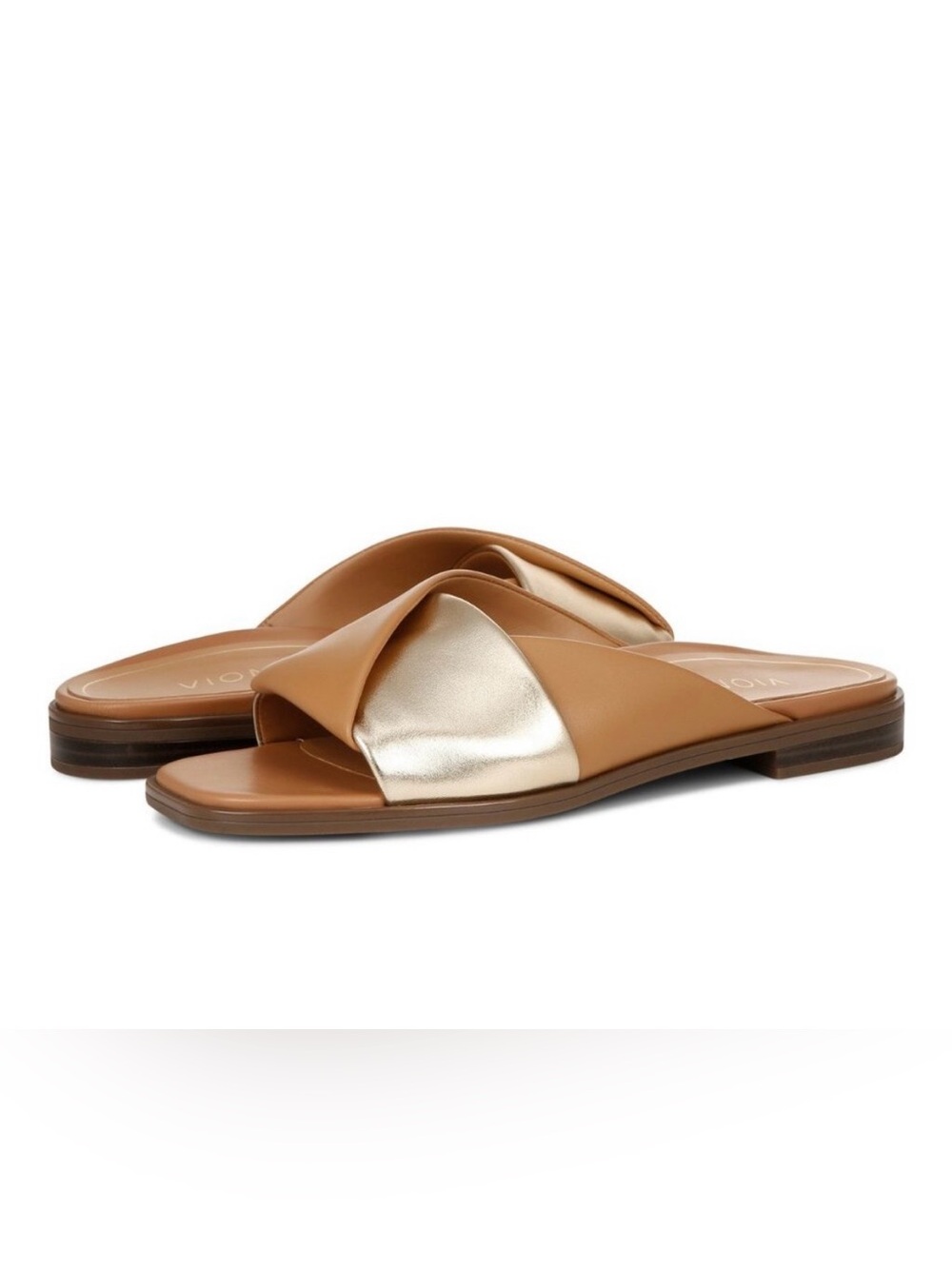 Vionic Brown and Gold Crossover Slide Mules